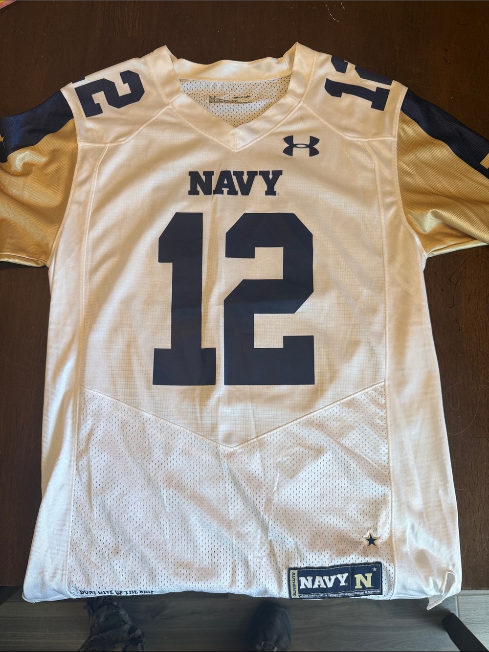 Under Armour White & Navy Navy Football Jersey #12 with Gold Sleeves